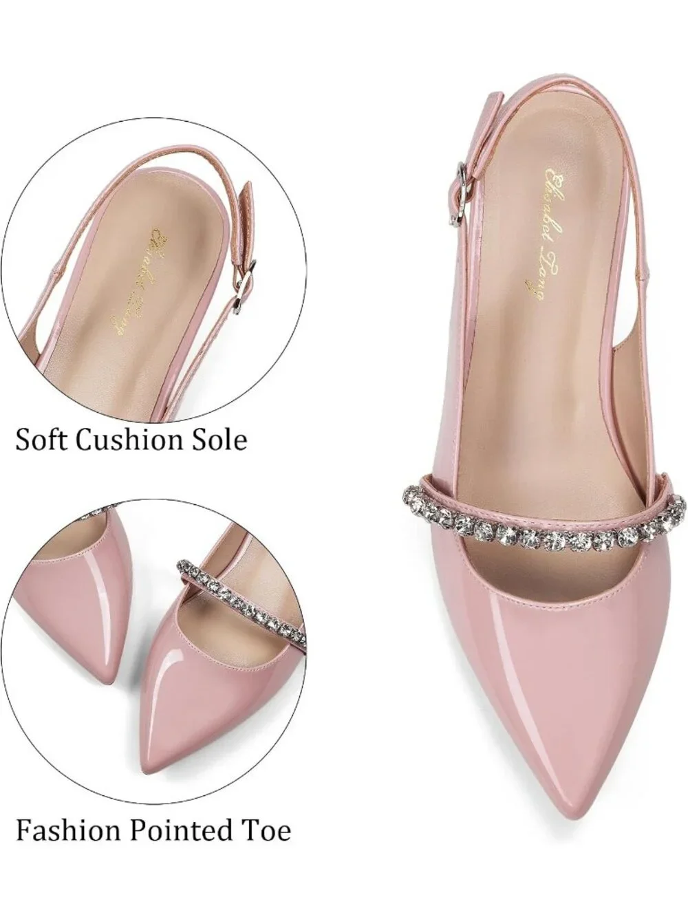 Women's Pink Soft Slingback Flats With Rhinestone Pointed Toe Backstrap Shoes